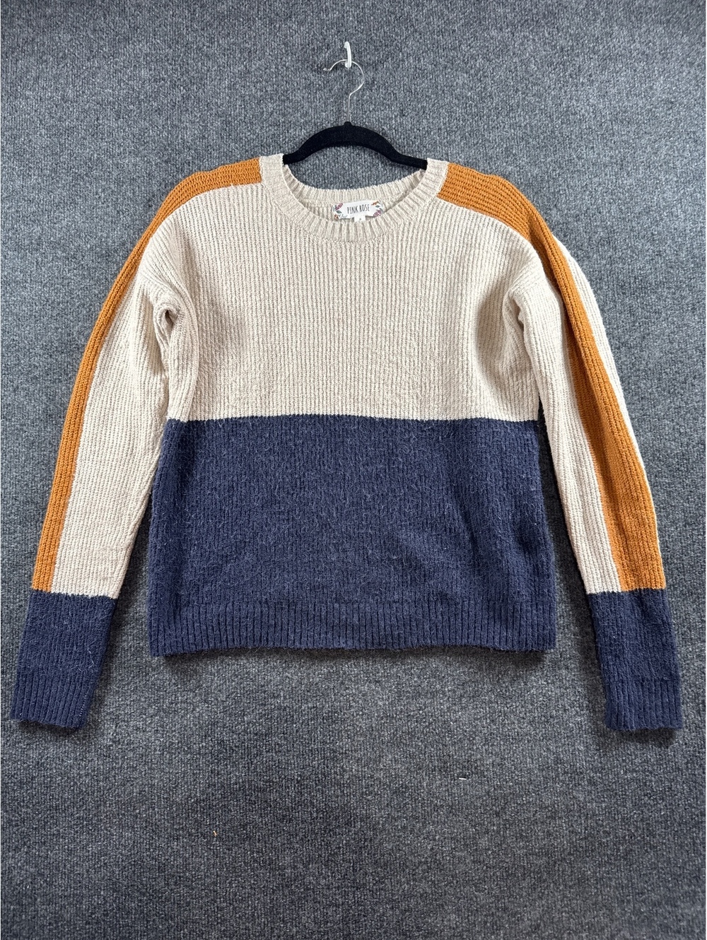 Pink Rose Womens Small Colorblock Knit Sweater Cream Navy Mustard Pullover